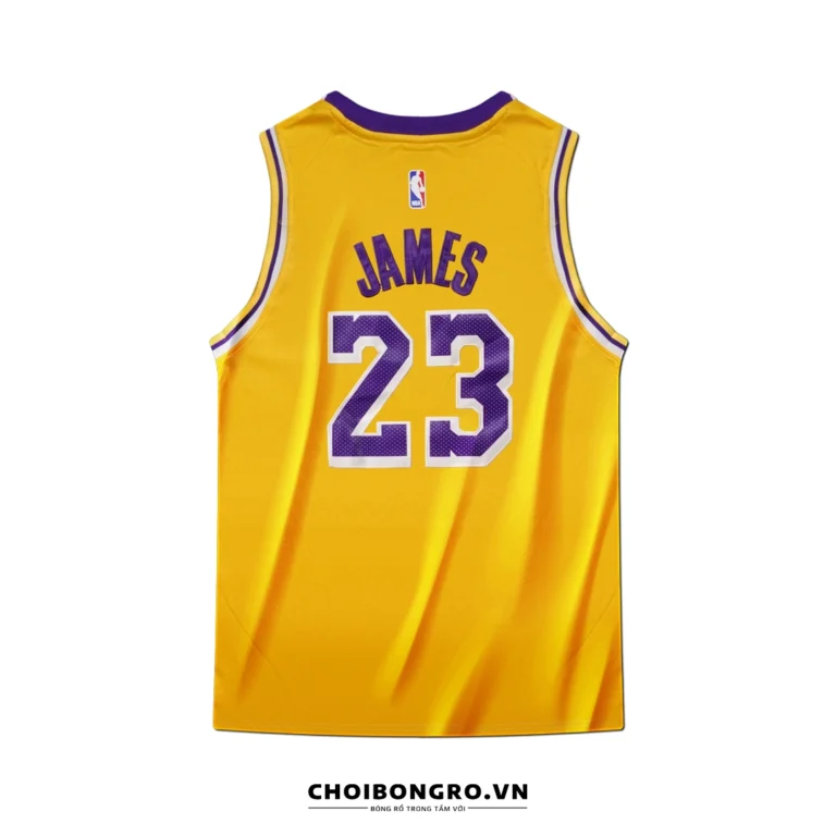 Ao bong ro Los Angeles Lakers Icon Edition 2022/23 mat sau, ten cau thu James va so ao 23 theu sac net.