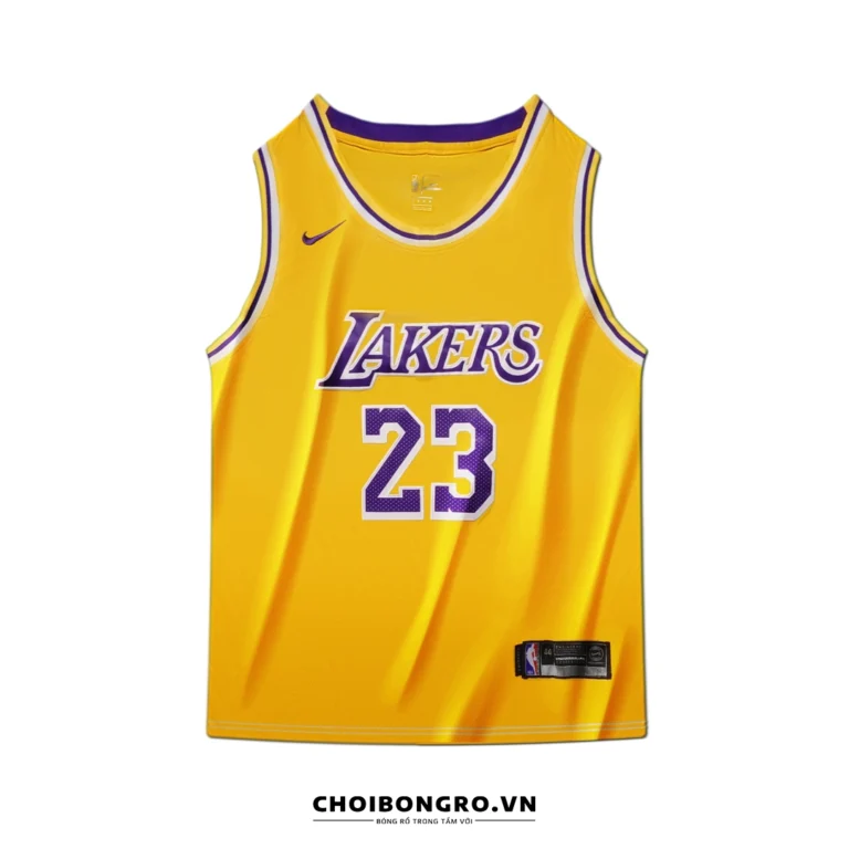 Ao bong ro Los Angeles Lakers Icon Edition 2022/23 mat truoc, mau vang, logo va so ao theu sac net.