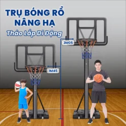 Trụ Bóng Rổ Nâng Hạ Di Động 1m45–3m05 – Bảng PET Trong Suốt, Đế Đổ Nước/Cát, Chịu Lực Ổn Định