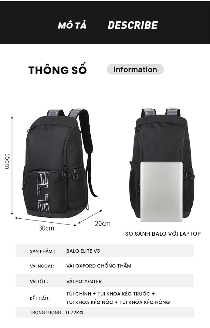 Thông số kích thước Balo bóng rổ Elite V3