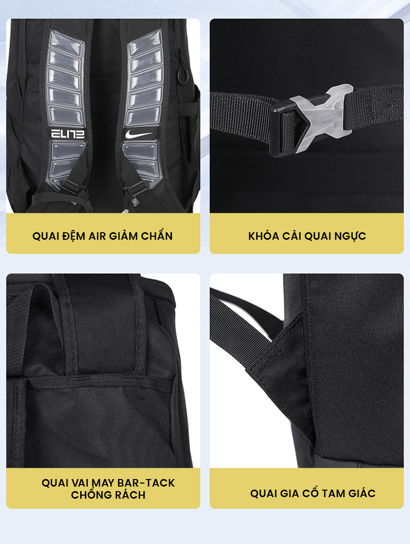 Chi tiết hệ quai đeo Balo bóng rổ Elite V3: đệm khí, khóa ngực, may bar-tack, gia cố tam giác